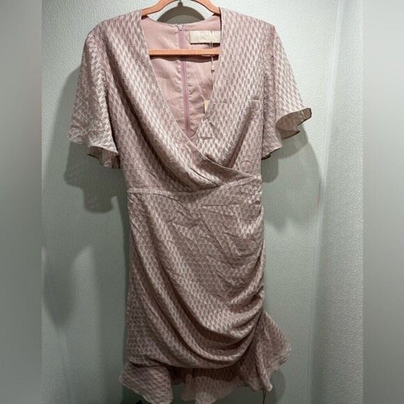 Keepsake Insight Pink Short Sleeves Textured Wrap Ruffle Mini Dress Size S - Picture 5 of 10